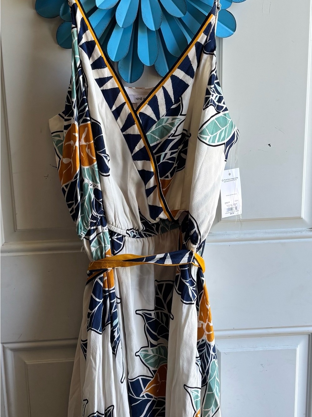 Nine West One-Shoulder Floral Wrap Dress in White, Navy, Mustard, and Mint